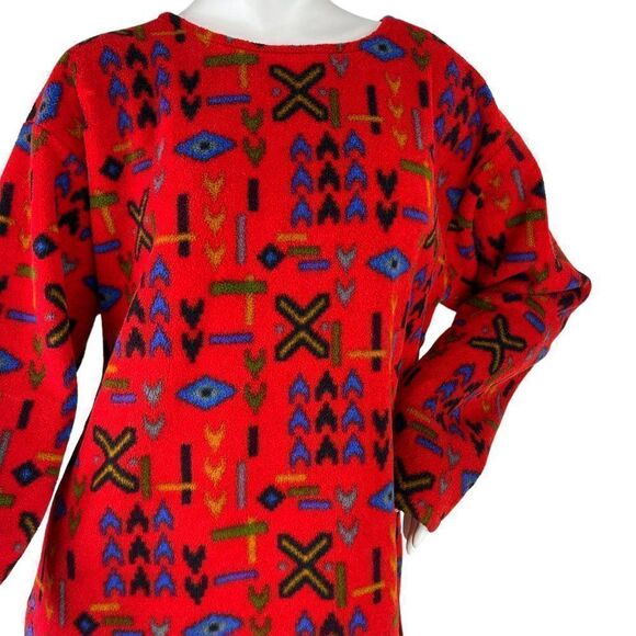 90s Vtg Purple Mountain Polartec Red Fleece Southwestern Design Crewneck Top M - Picture 2 of 10